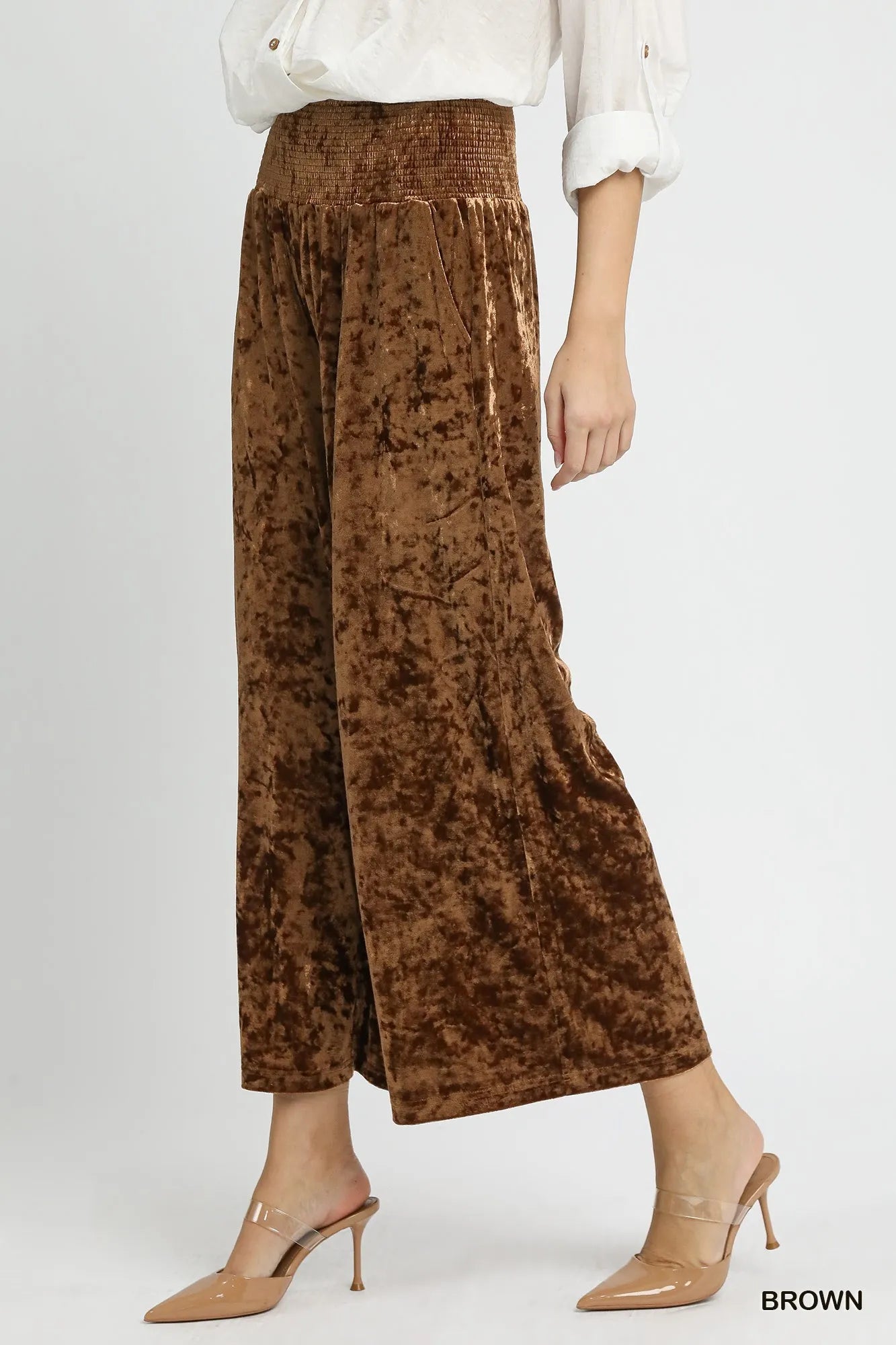 Umgee Velvet Smocked Waistband Wide Leg Pants - Oneira Fashions