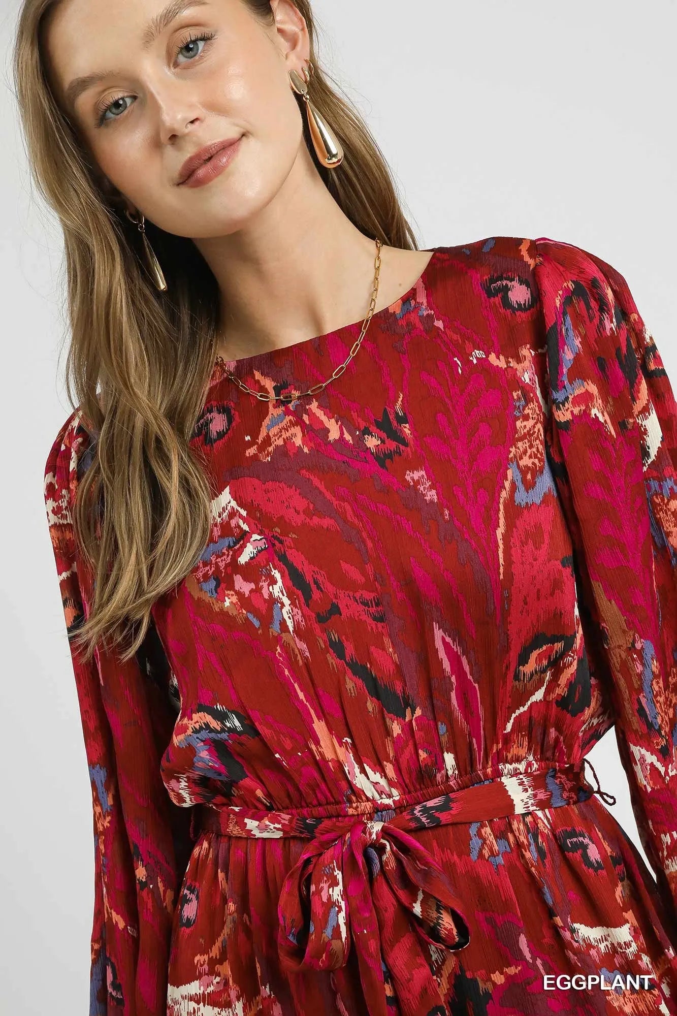 Umgee Ruffled Hem Printed Balloon Sleeve Dress - Oneira Fashions