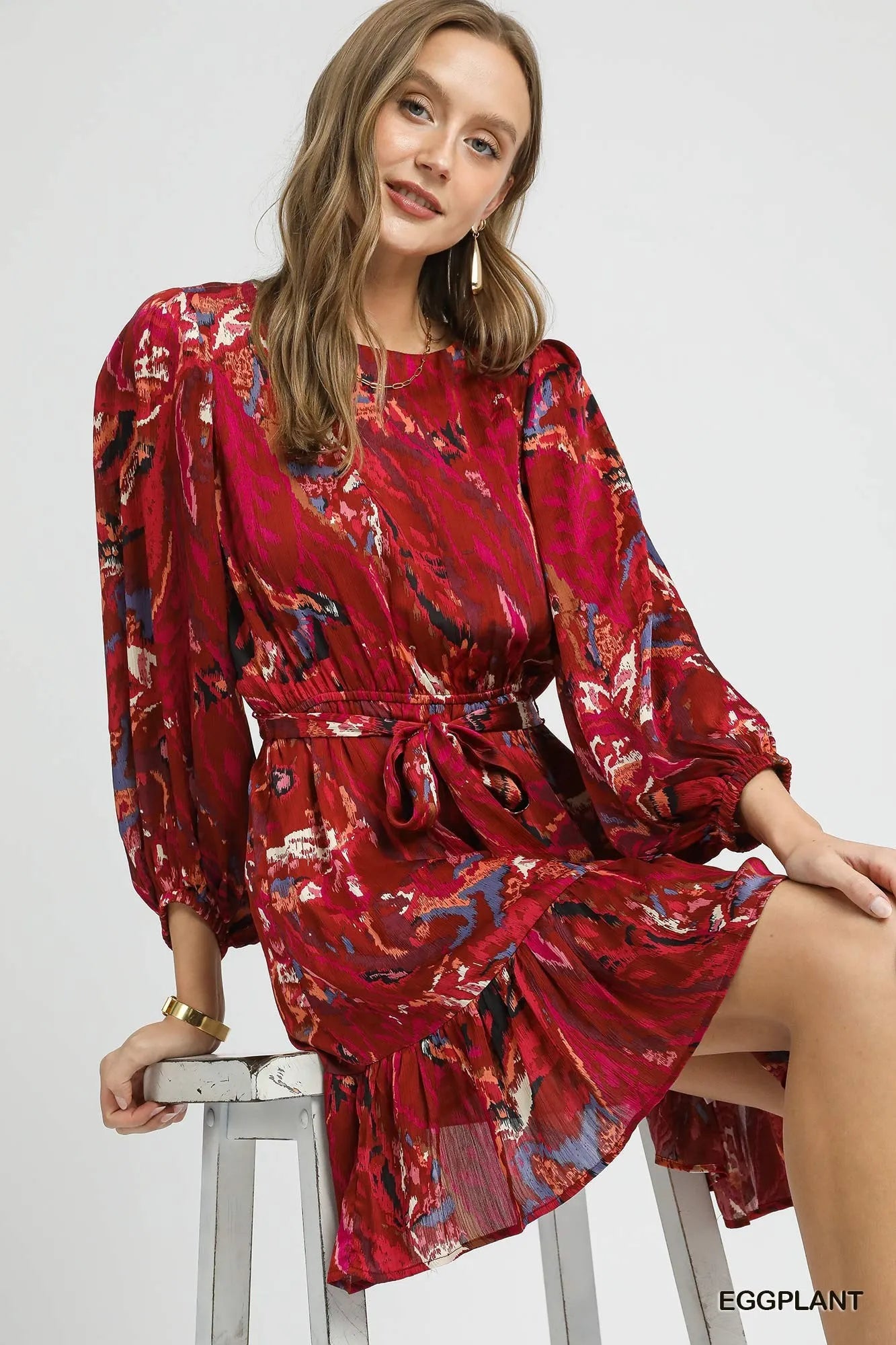 Umgee Ruffled Hem Printed Balloon Sleeve Dress - Oneira Fashions