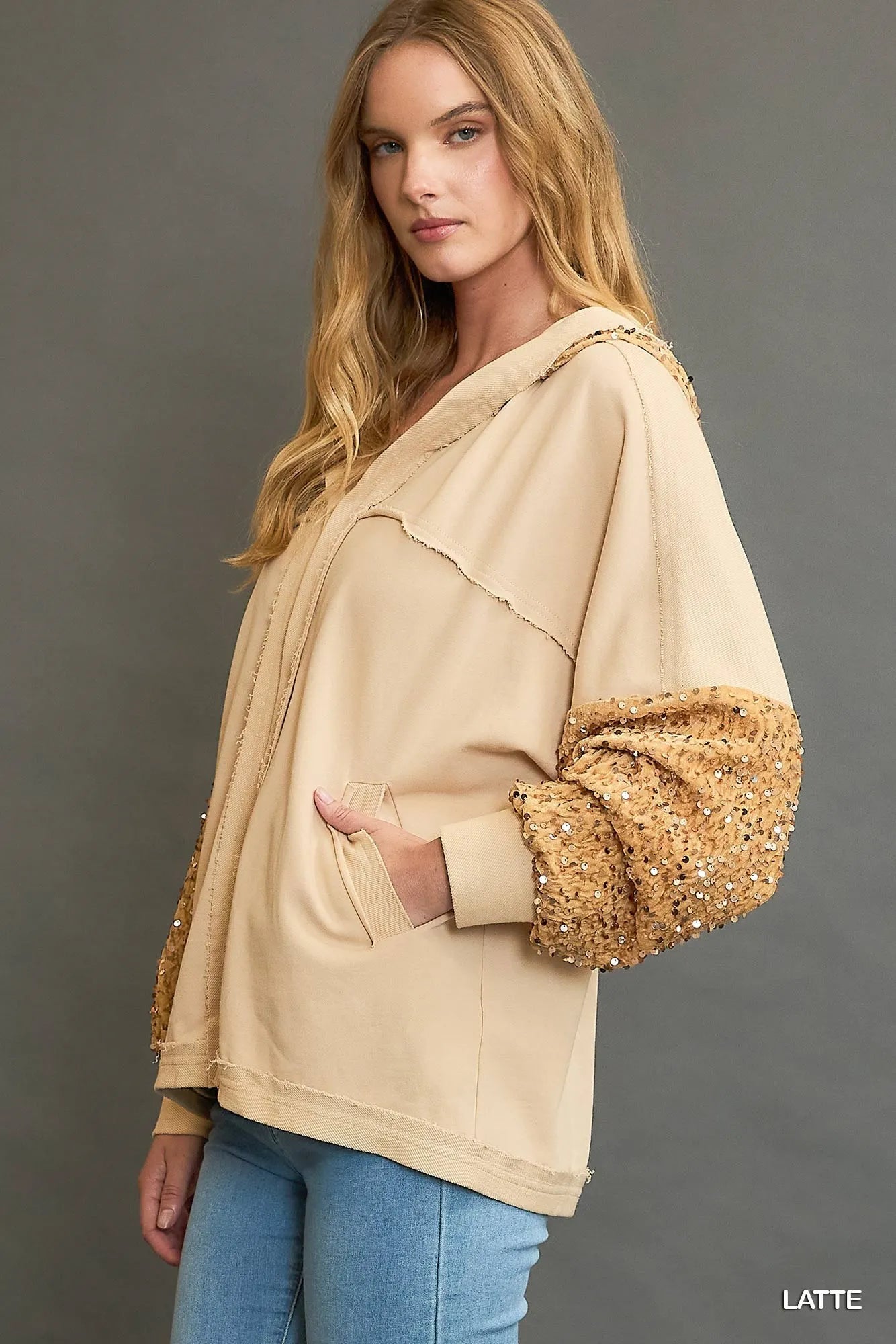Umgee Sequined French Terry Jacket - Oneira Fashions