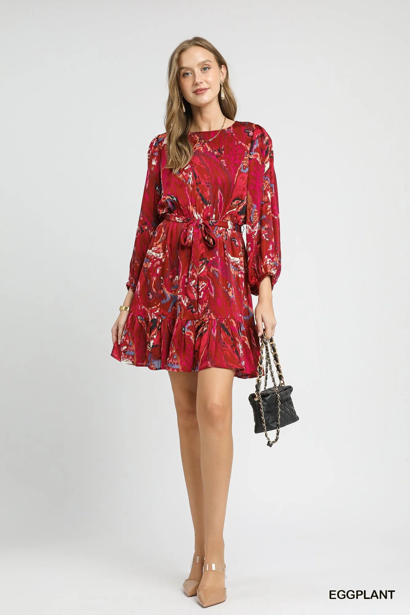Umgee Ruffled Hem Printed Balloon Sleeve Dress - Oneira Fashions