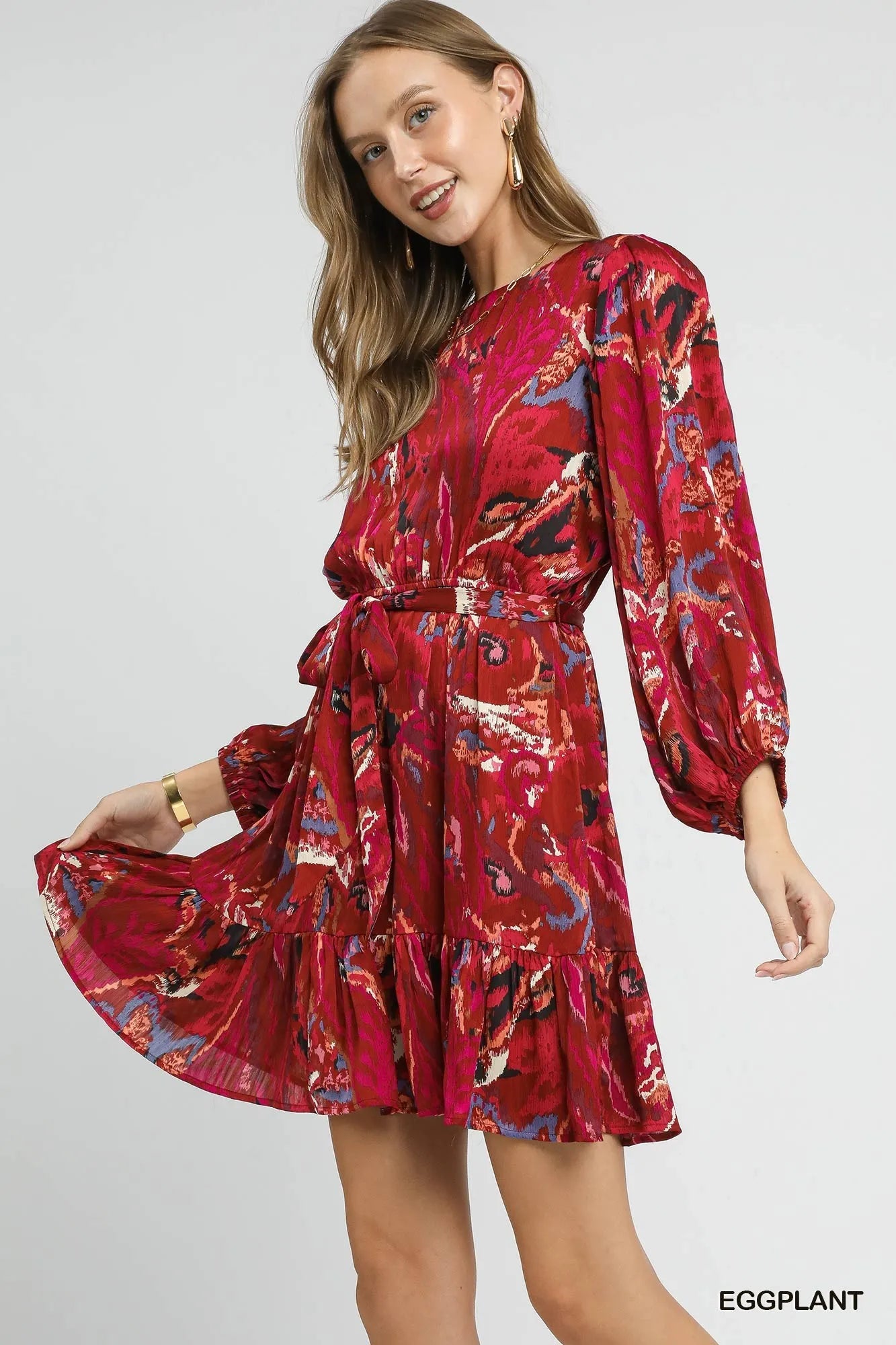 Umgee Ruffled Hem Printed Balloon Sleeve Dress - Oneira Fashions