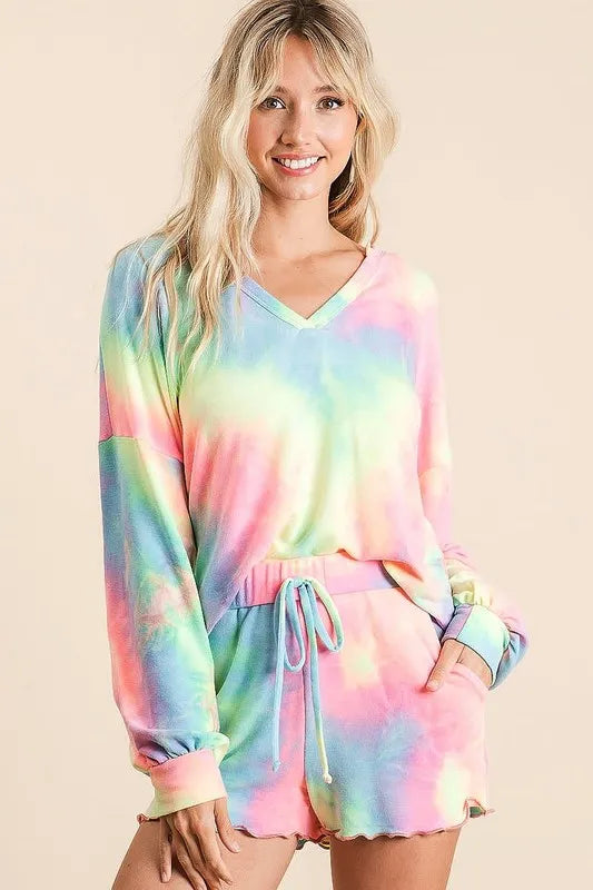BiBi Tie Dye French Terry V-Neck Top with Strapped
