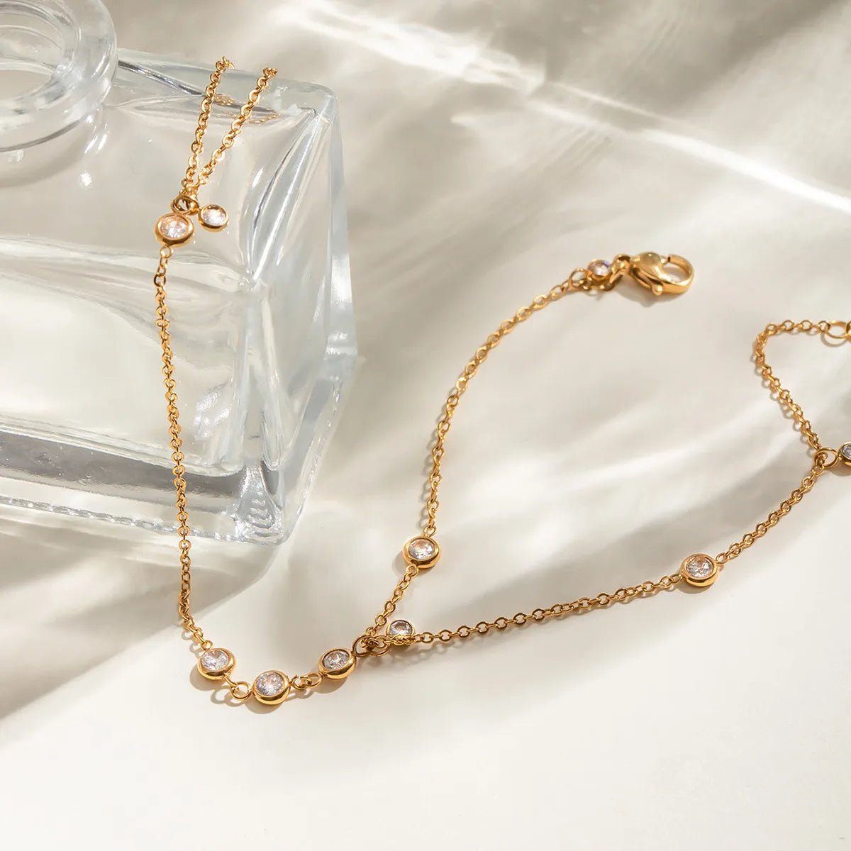 18K Gold - Plated Inlaid Rhinestone Chain Bracelet - Oneira Fashions