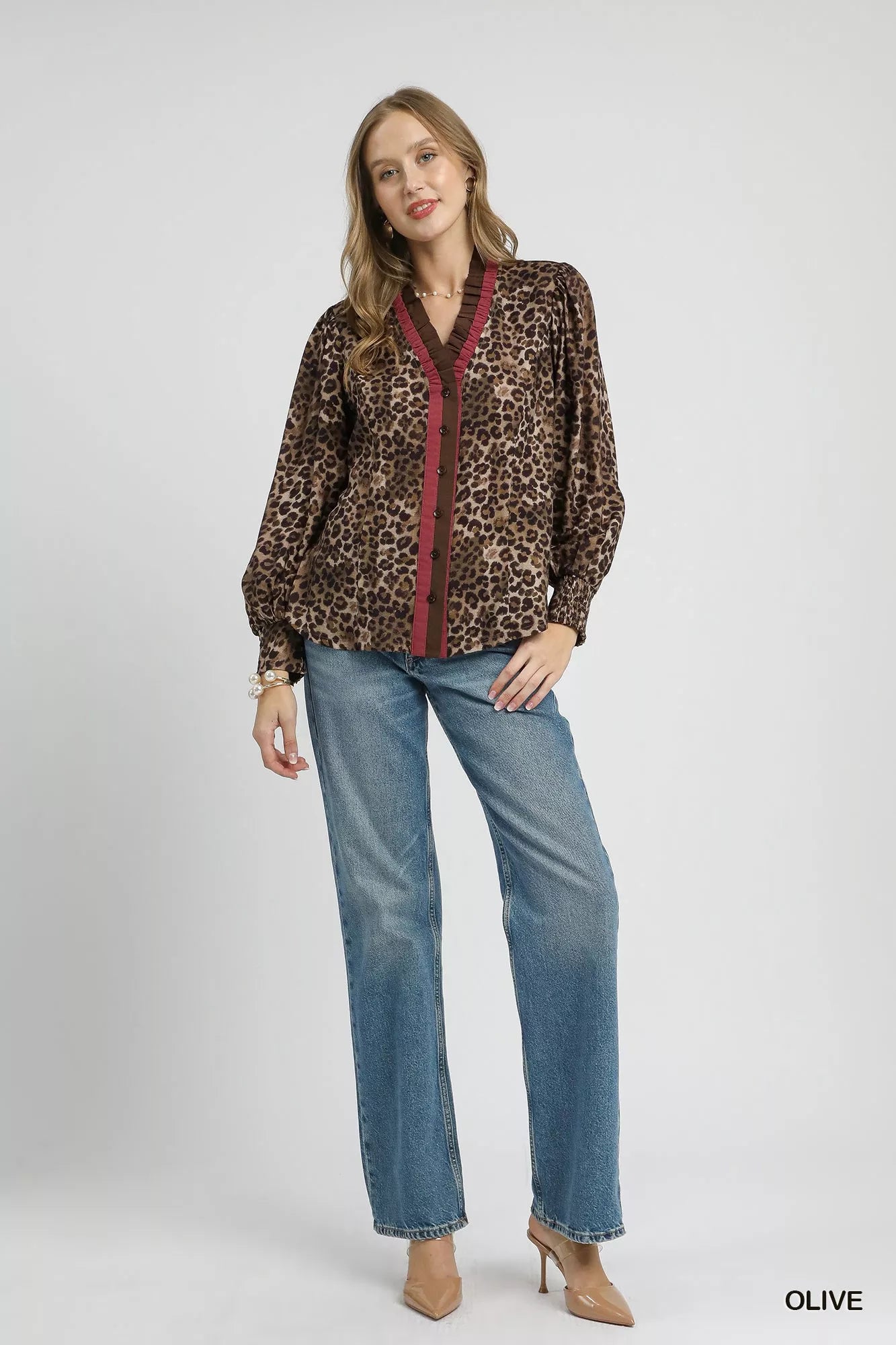 Umgee Ruffle Trim Leopard Print Shirt - Oneira Fashions
