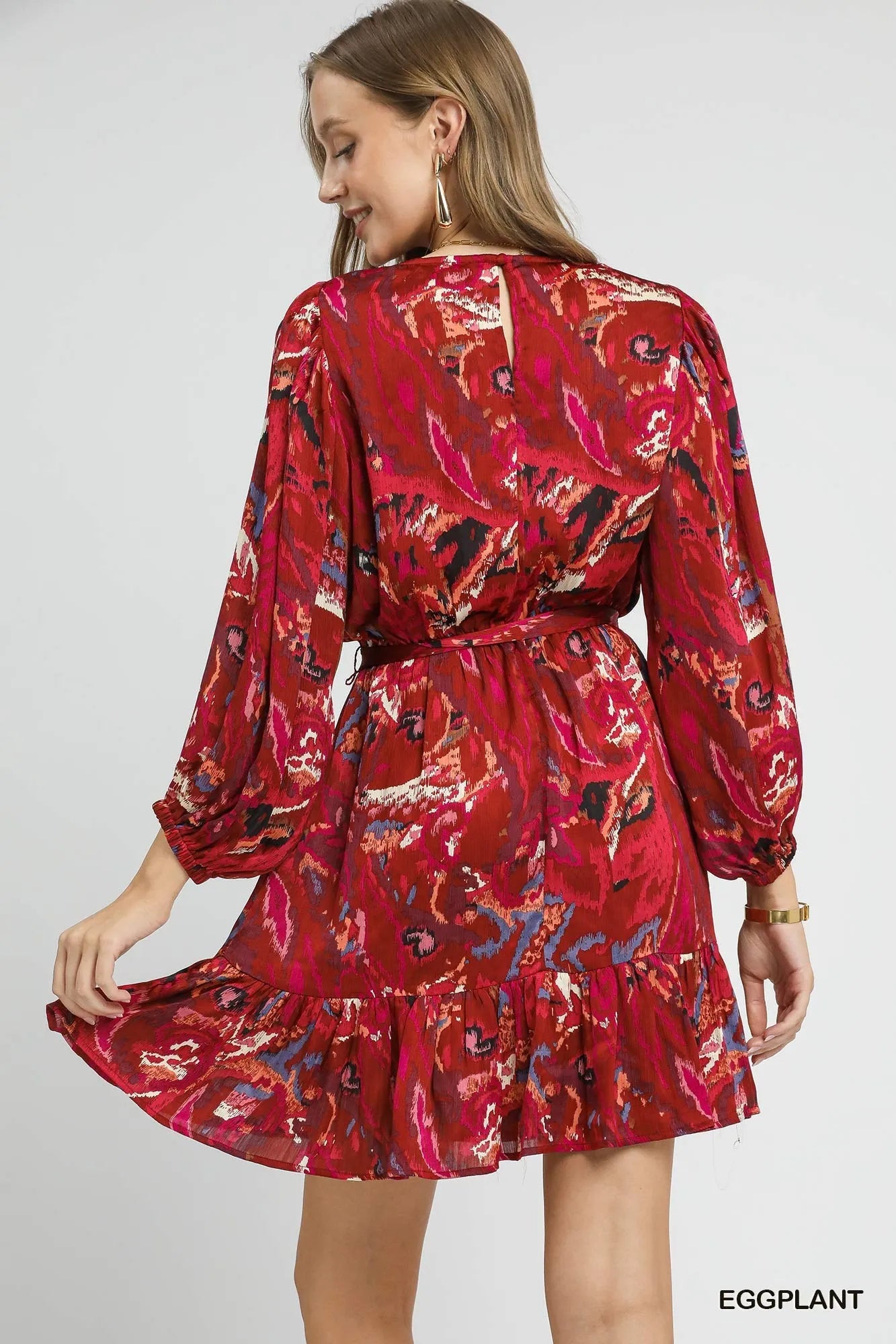 Umgee Ruffled Hem Printed Balloon Sleeve Dress - Oneira Fashions