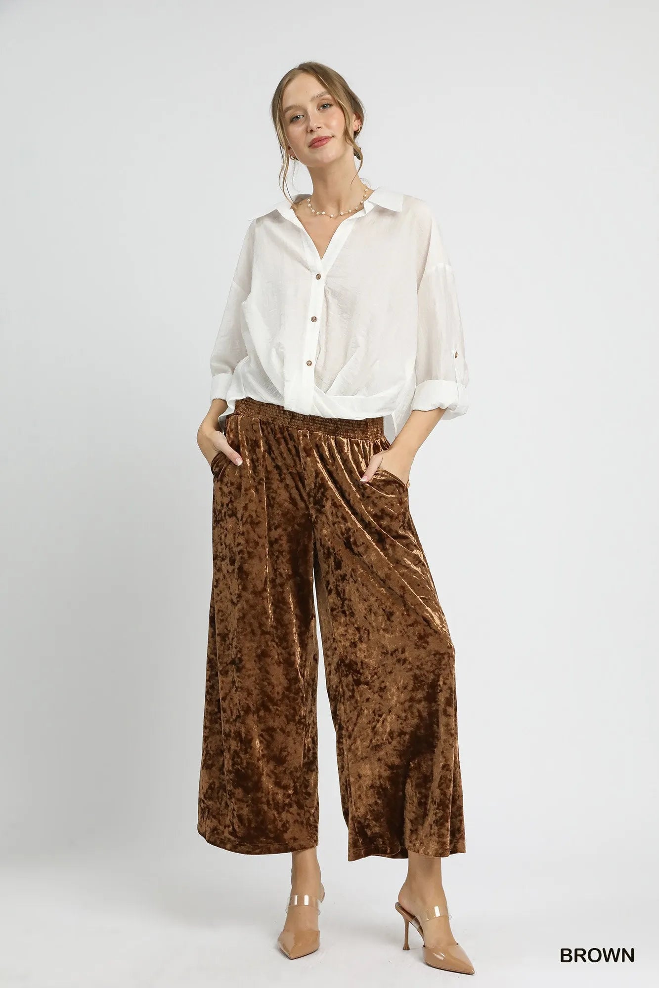 Umgee Velvet Smocked Waistband Wide Leg Pants - Oneira Fashions