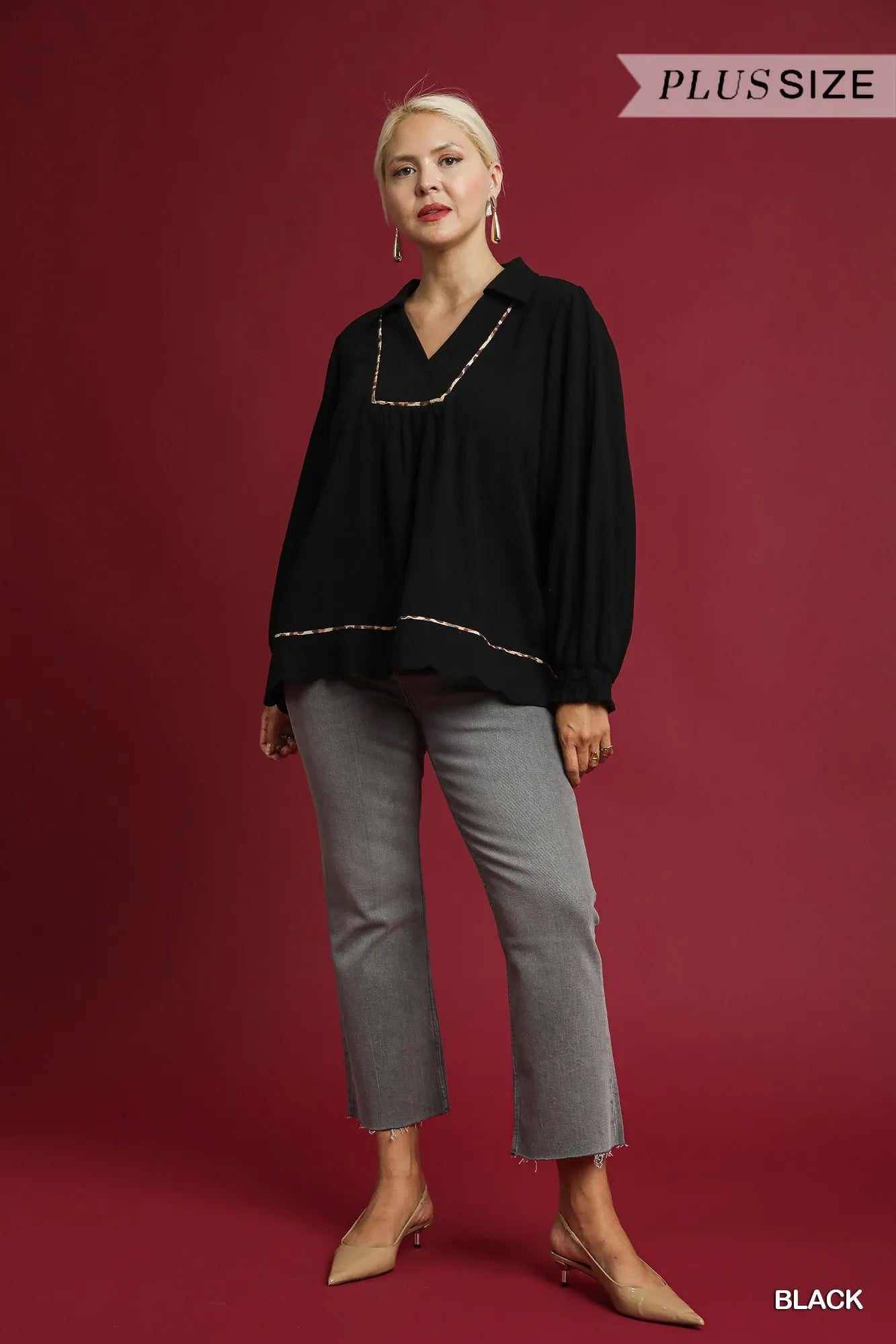 Umgee Full Size Linen Scallop Hem Blouse with Contrast Trim Plus Size - Oneira Fashions