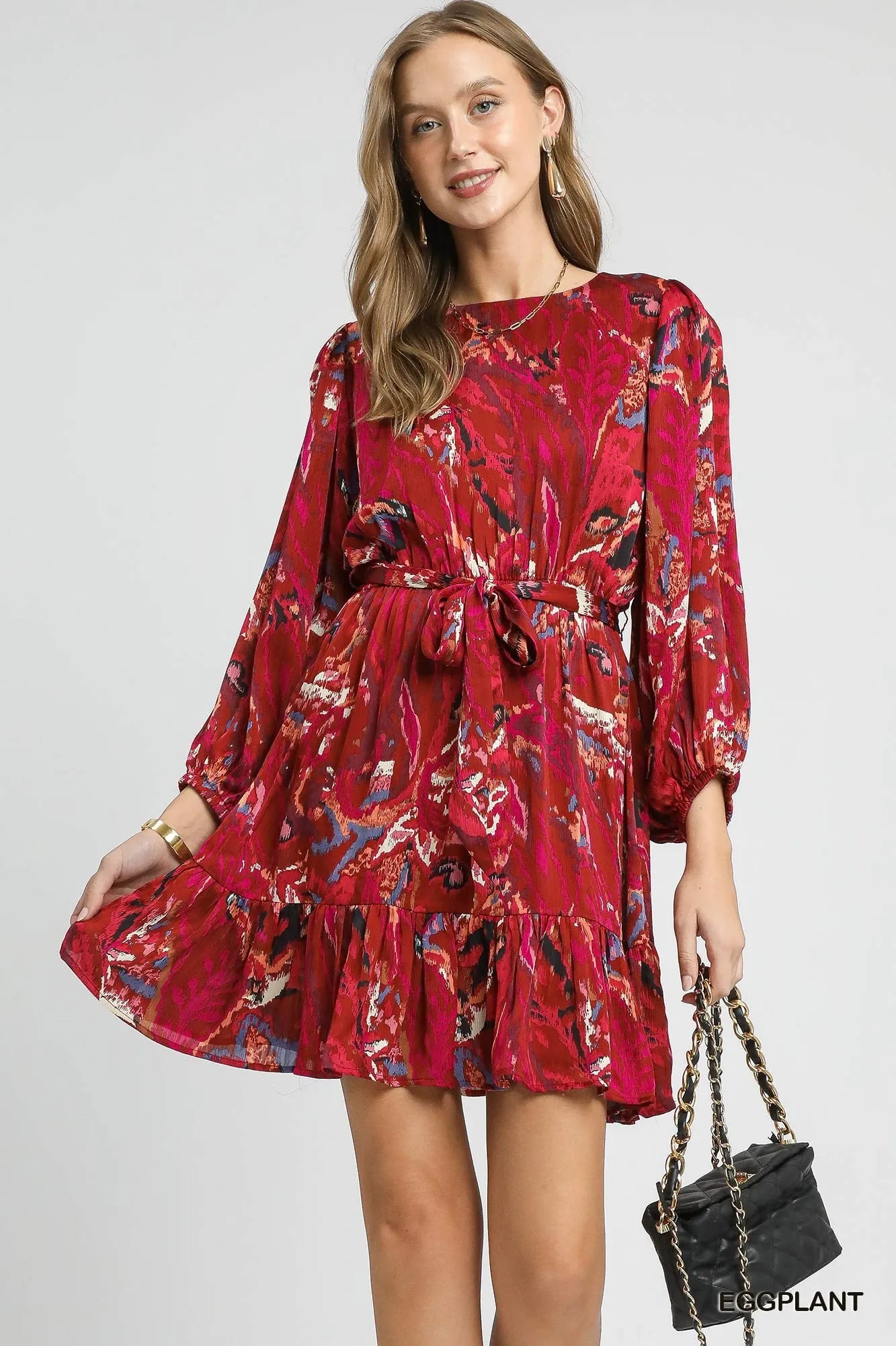 Umgee Ruffled Hem Printed Balloon Sleeve Dress - Oneira Fashions