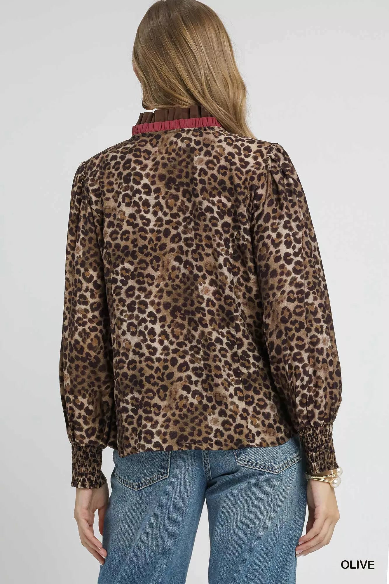 Umgee Ruffle Trim Leopard Print Shirt - Oneira Fashions