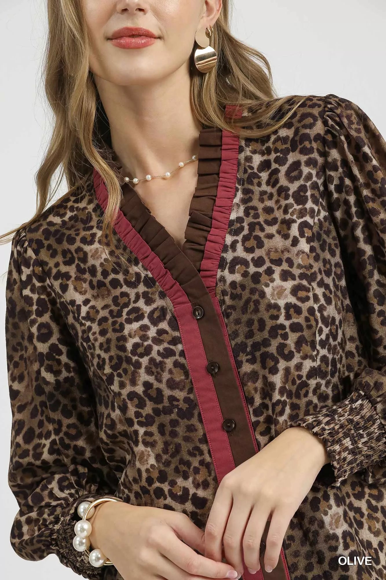 Umgee Ruffle Trim Leopard Print Shirt - Oneira Fashions