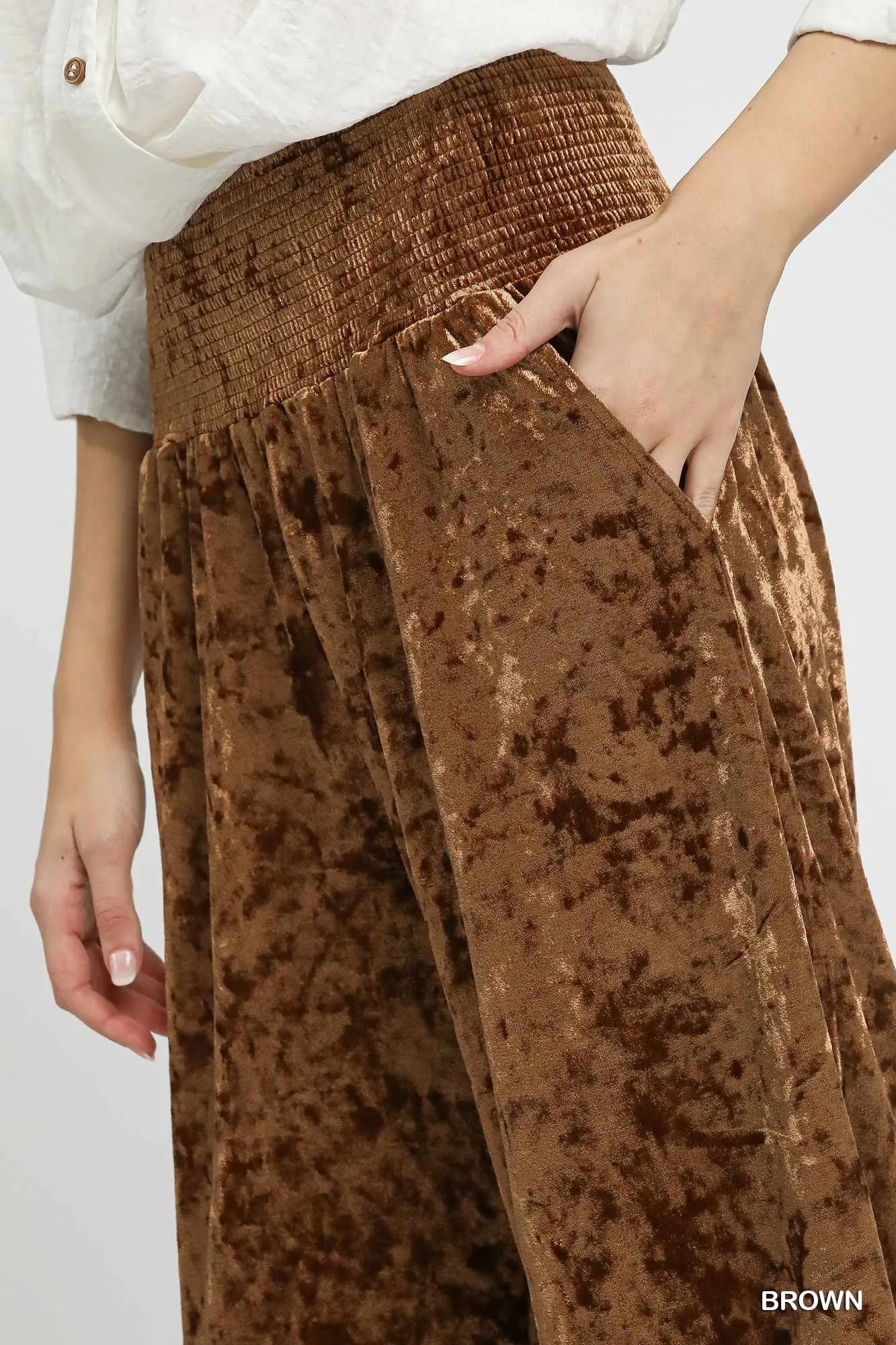 Umgee Velvet Smocked Waistband Wide Leg Pants - Oneira Fashions