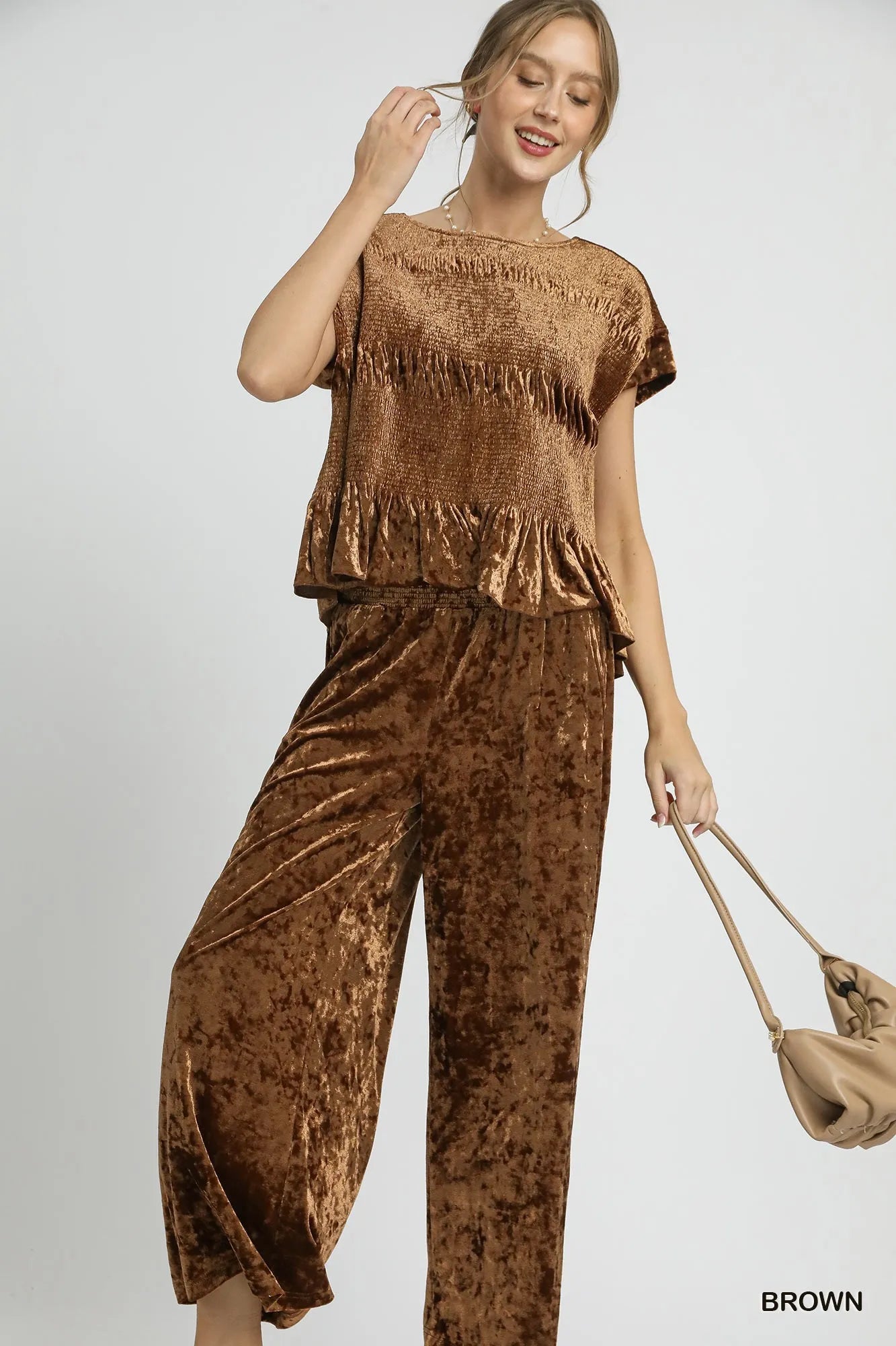 Umgee Velvet Smocked Waistband Wide Leg Pants - Oneira Fashions