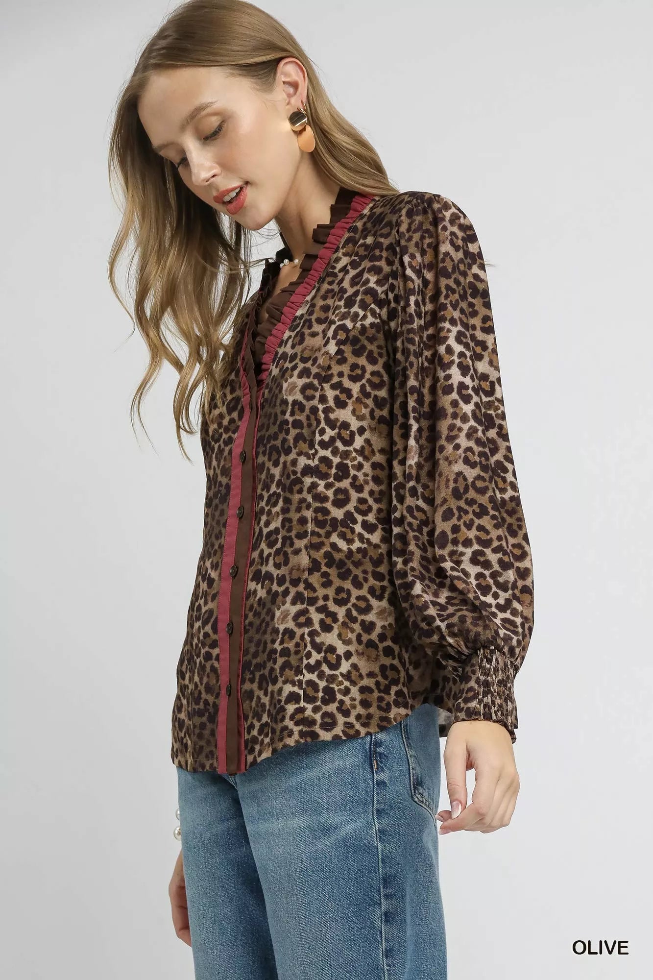 Umgee Ruffle Trim Leopard Print Shirt - Oneira Fashions
