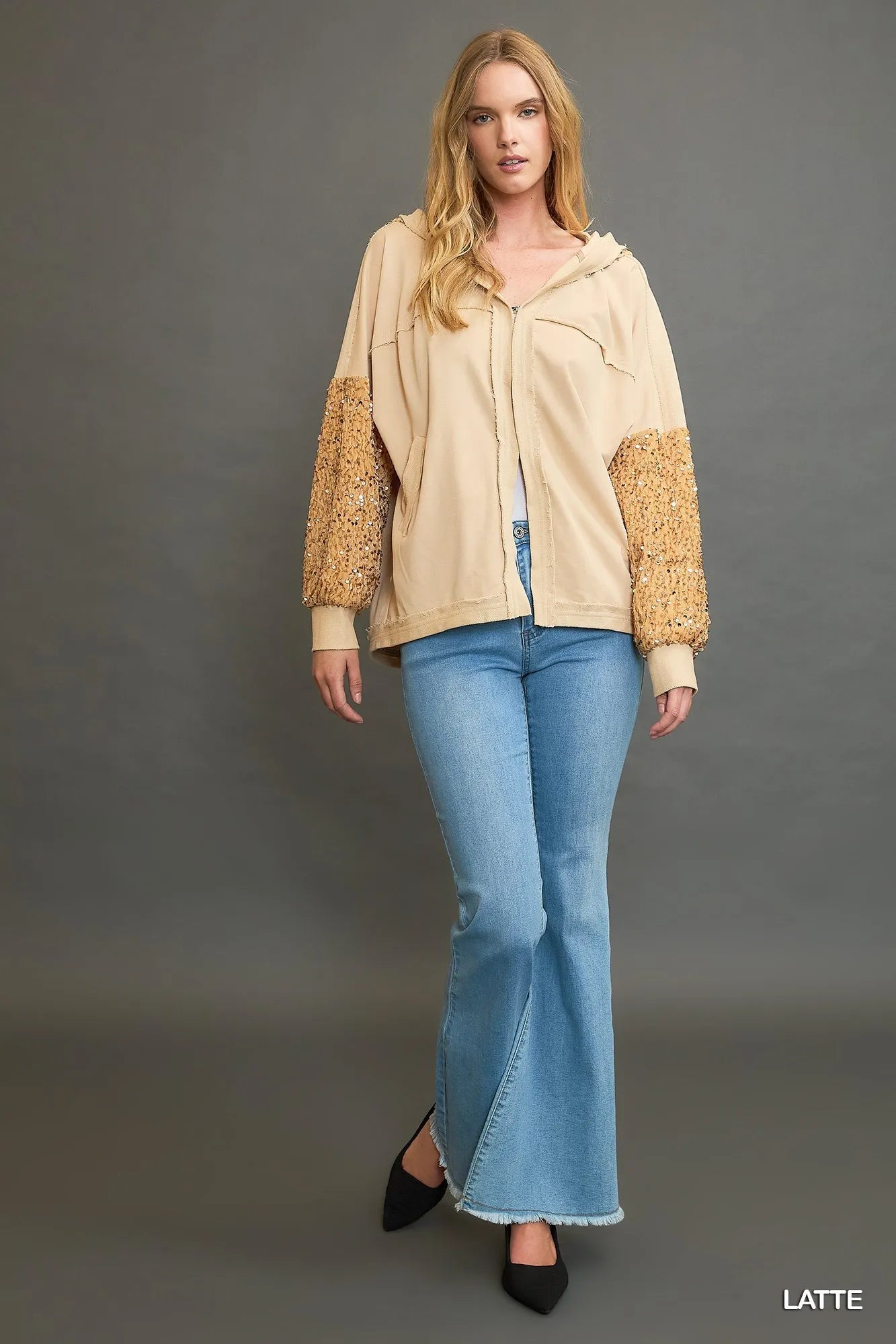 Umgee Sequined French Terry Jacket - Oneira Fashions