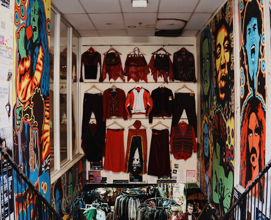 Colorful psychedelic art adorns walls of clothing store
