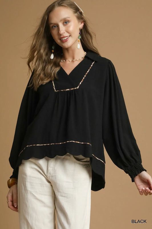 Umgee Full Size Linen Scallop Hem Blouse with Contrast Trim Plus Size - Oneira Fashions