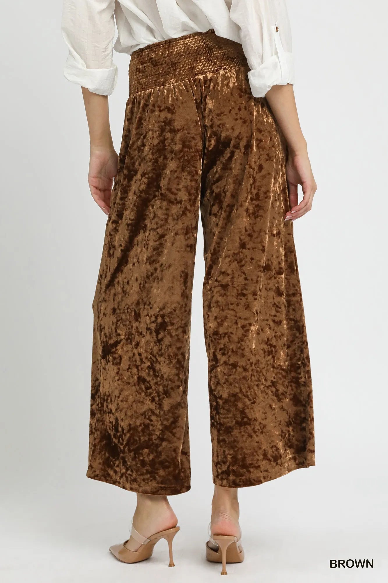Umgee Velvet Smocked Waistband Wide Leg Pants - Oneira Fashions