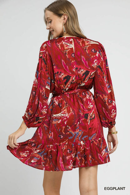 Umgee Ruffled Hem Printed Balloon Sleeve Dress - Oneira Fashions
