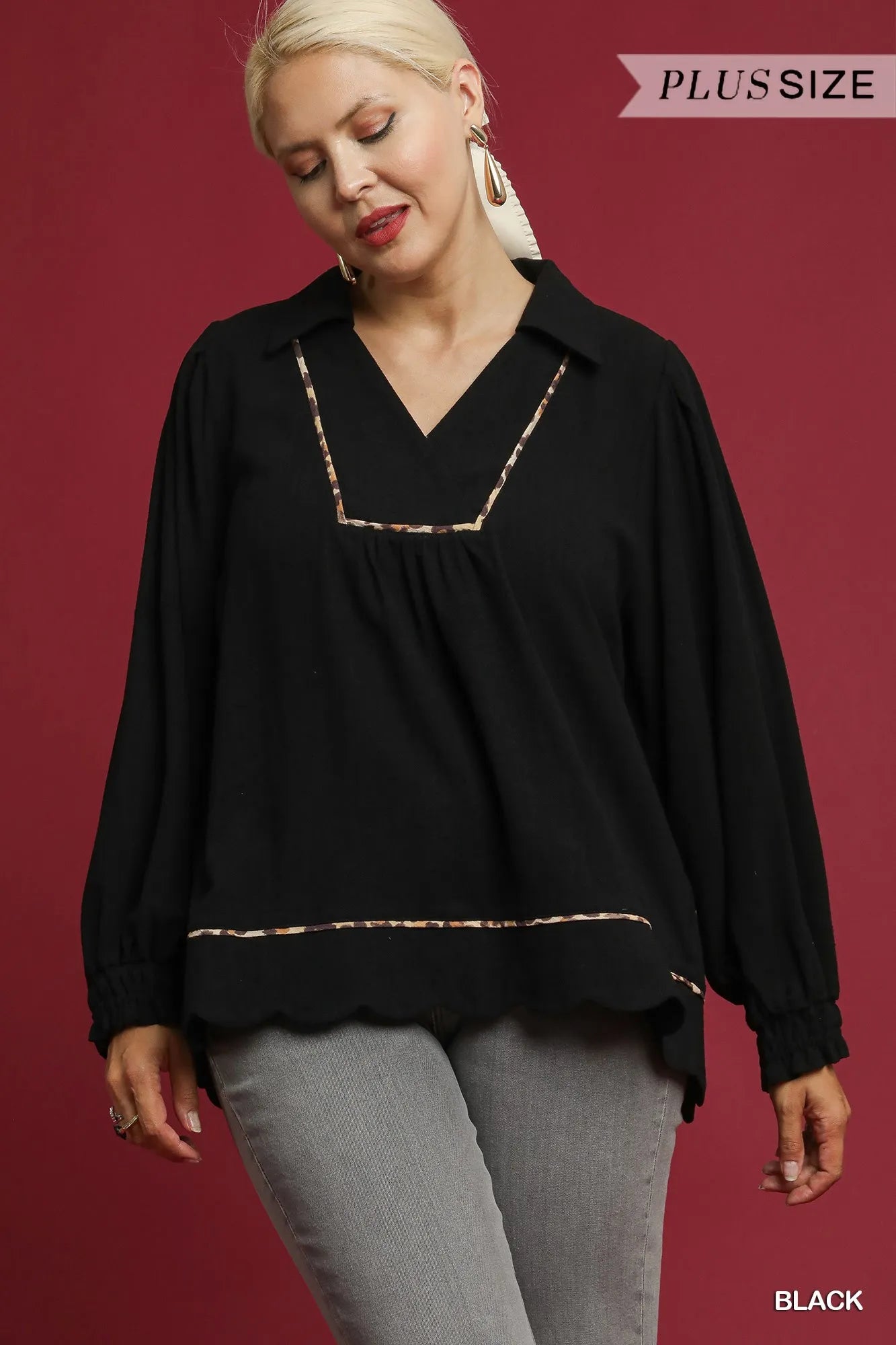 Umgee Full Size Linen Scallop Hem Blouse with Contrast Trim Plus Size - Oneira Fashions