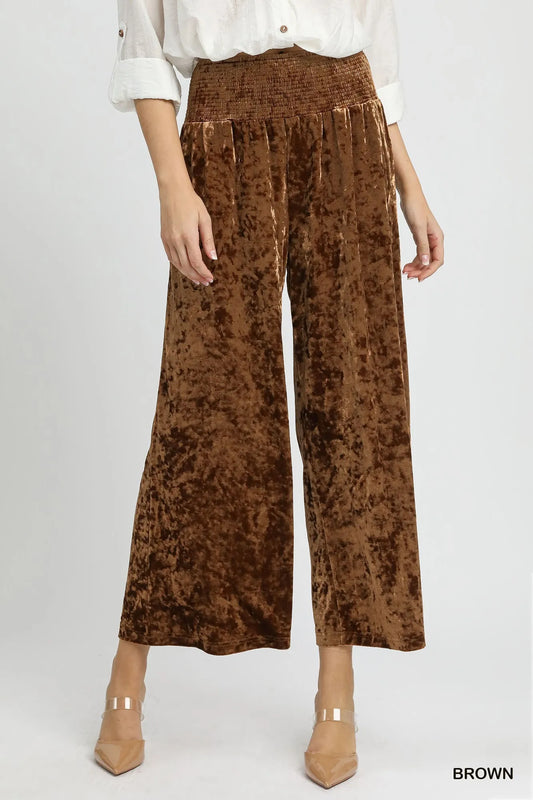 Umgee Velvet Smocked Waistband Wide Leg Pants - Oneira Fashions