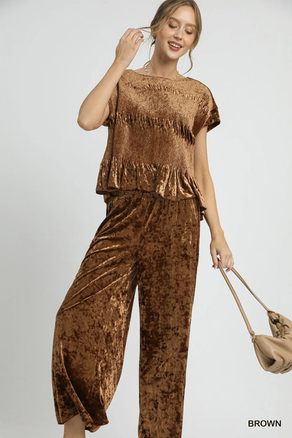 Umgee Velvet Smocked Waistband Wide Leg Pants - Oneira Fashions