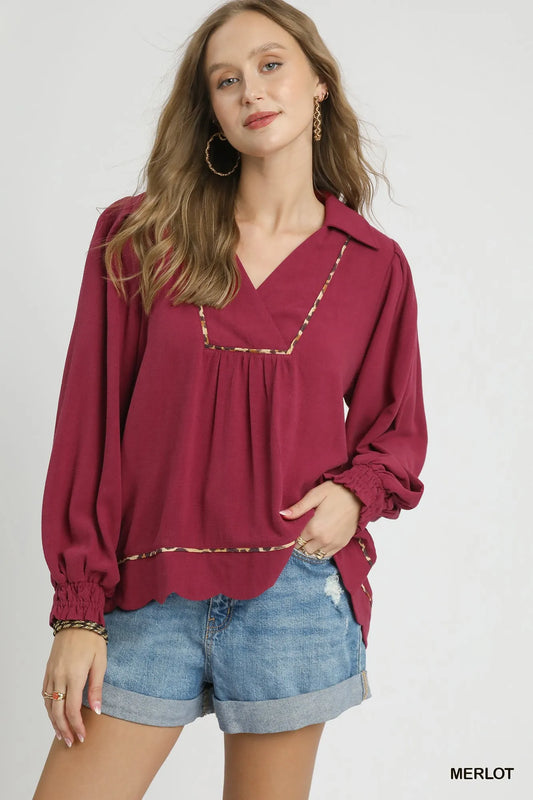 Umgee Full Size Linen Scallop Hem Blouse with Contrast Trim Plus Size - Oneira Fashions