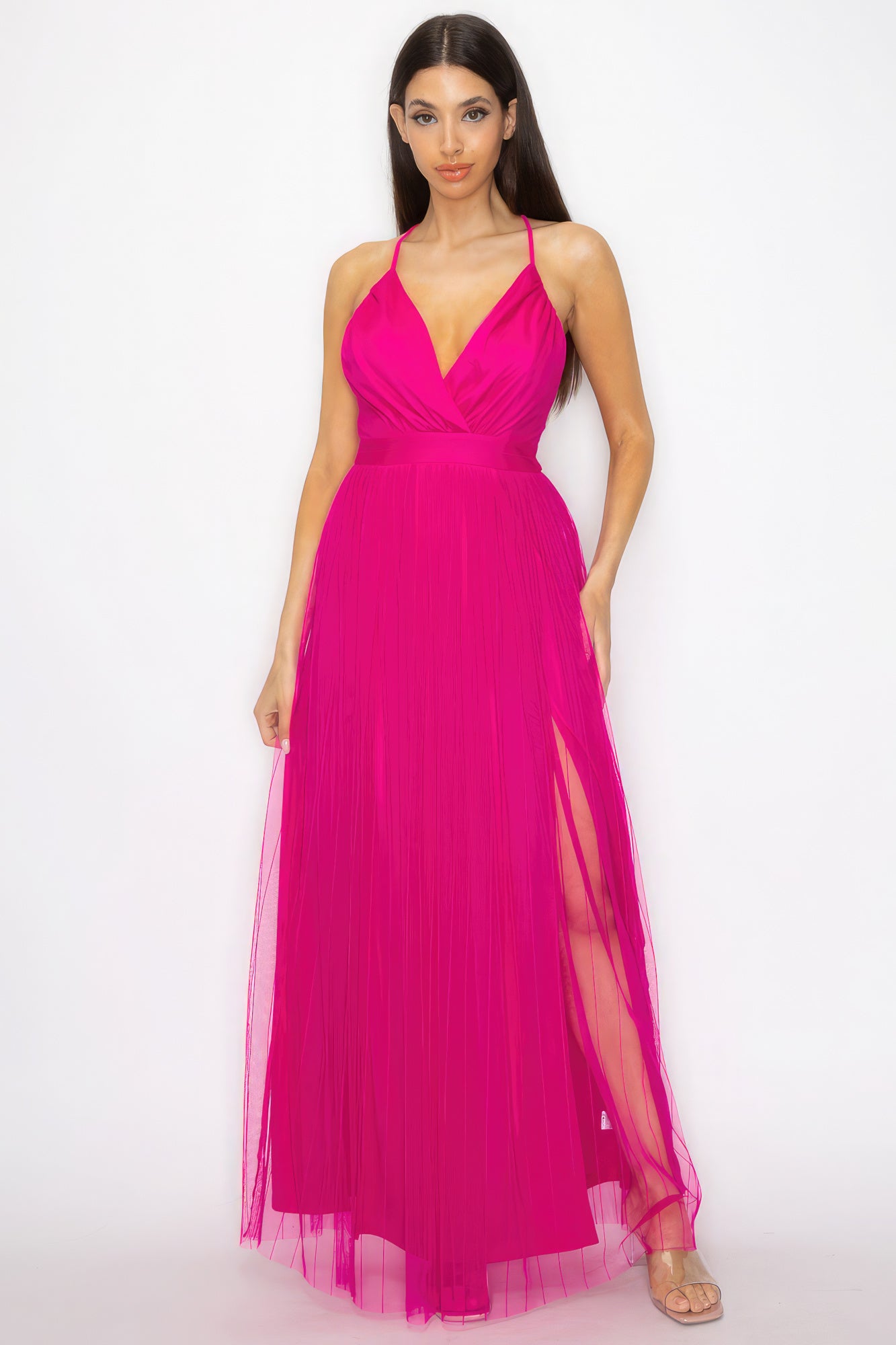 Pleated Mesh Slit Maxi Dress