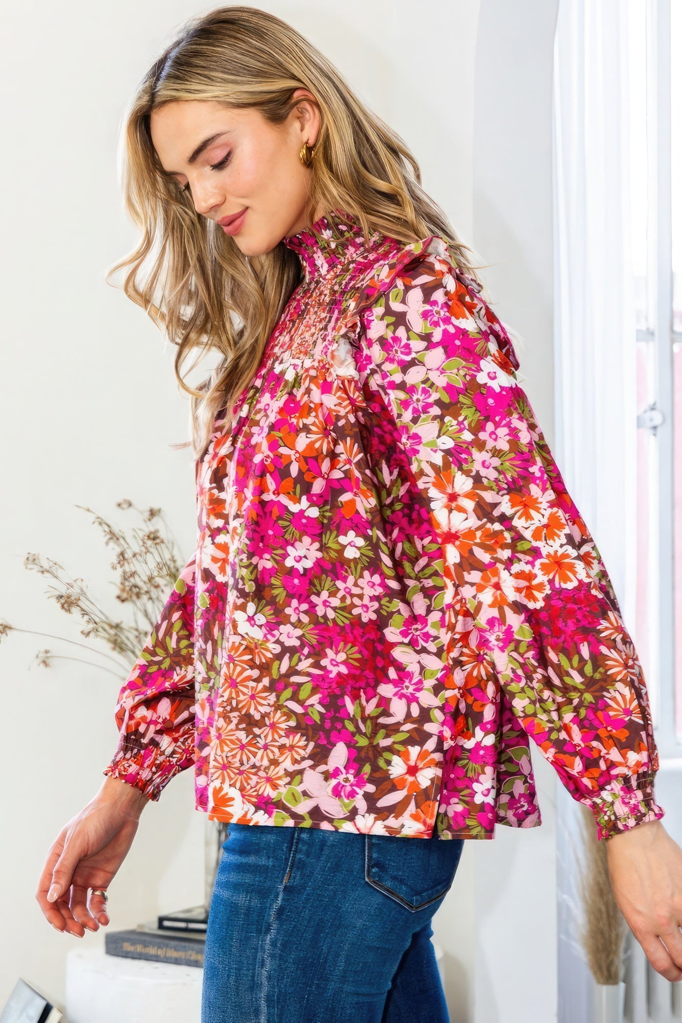 Floral Mock Neck Smocked Yoke Blouse