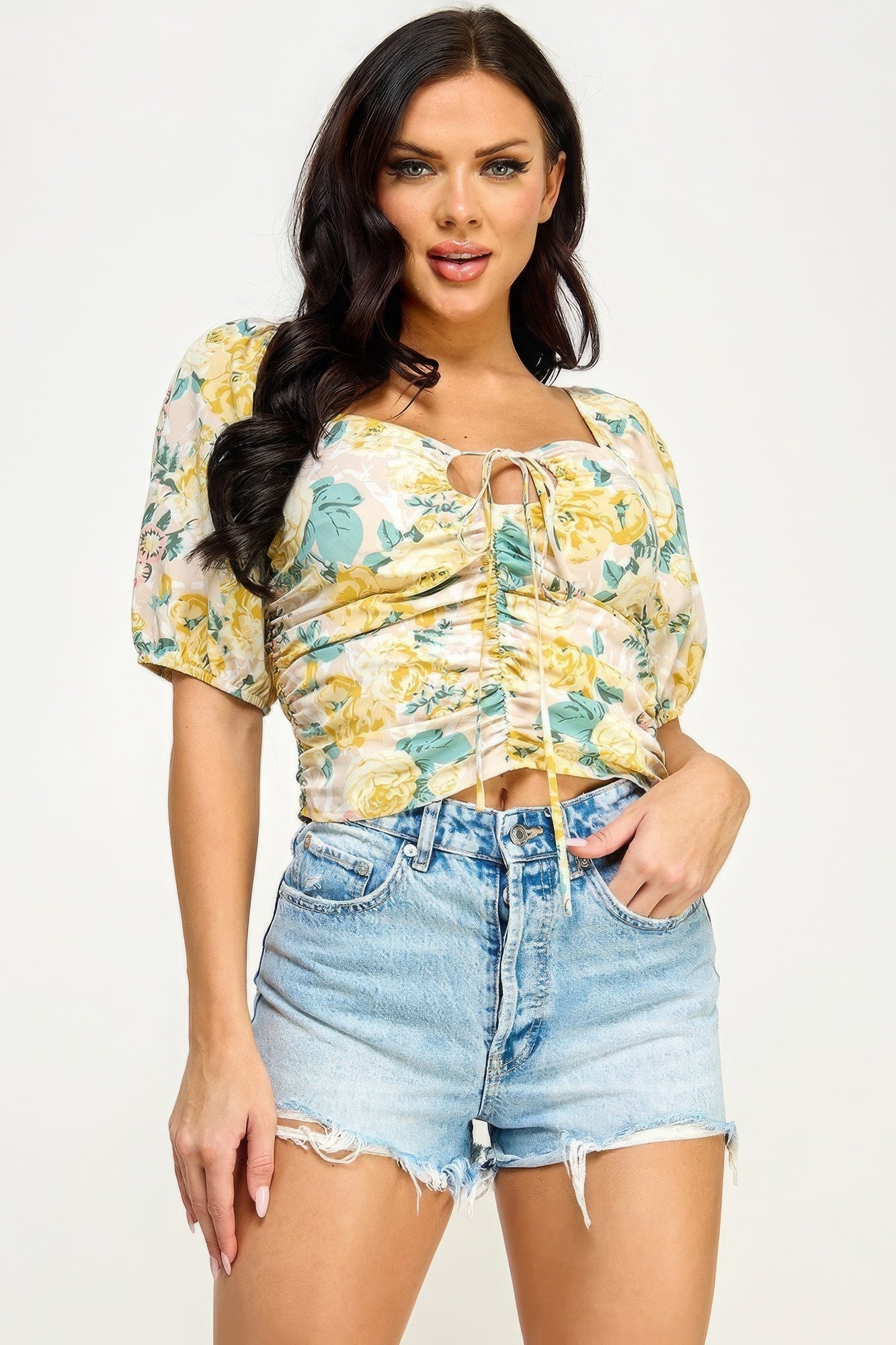 Floral Print Lace Up Ruched Crop Top