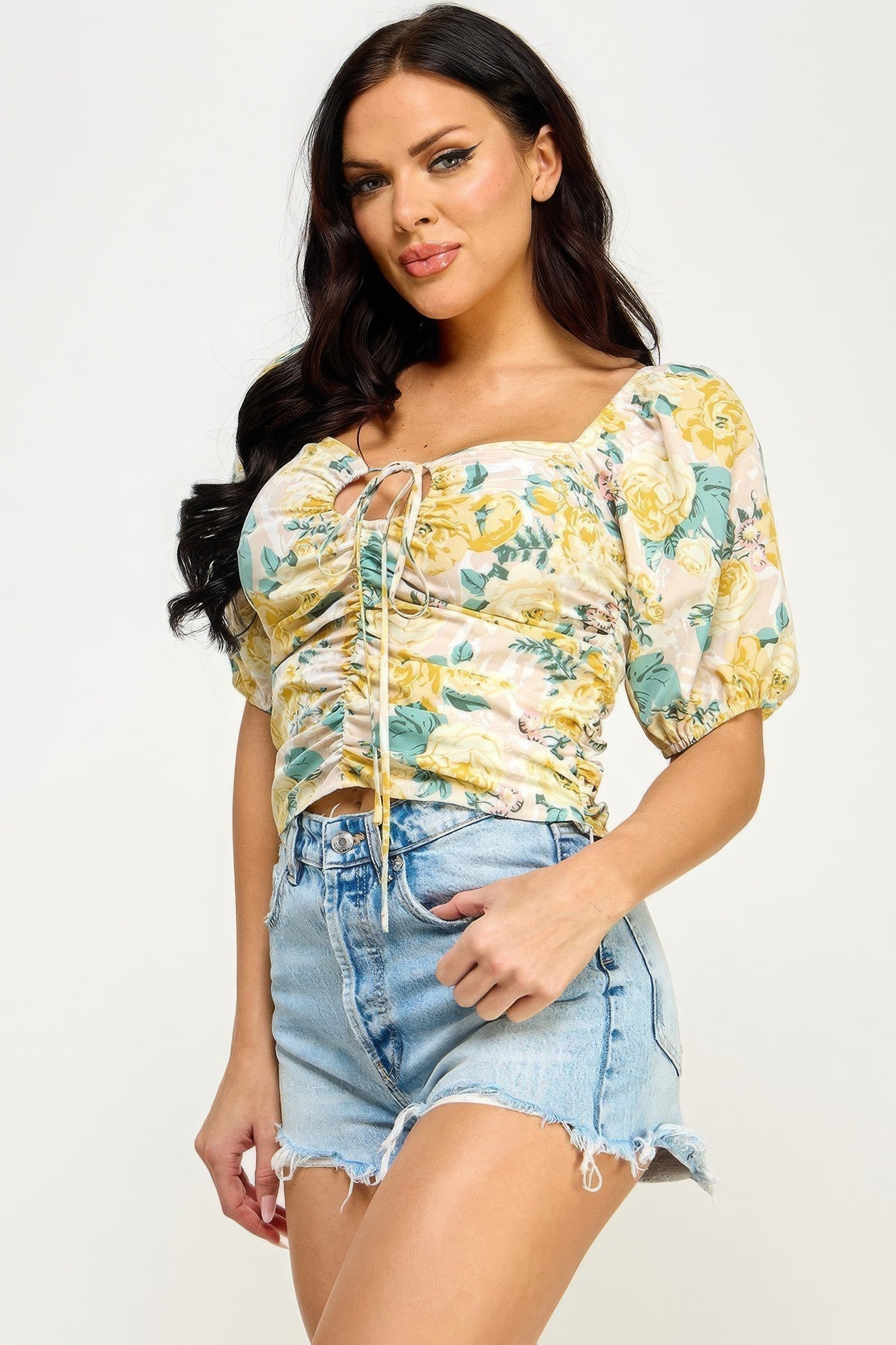 Floral Print Lace Up Ruched Crop Top